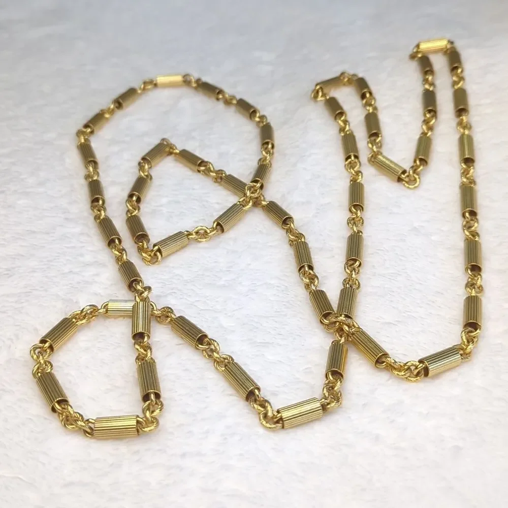 Vintage 1970's Goldtone 58" Chain Necklace with Ribbed Barrell Beads - Picture 1 of 13